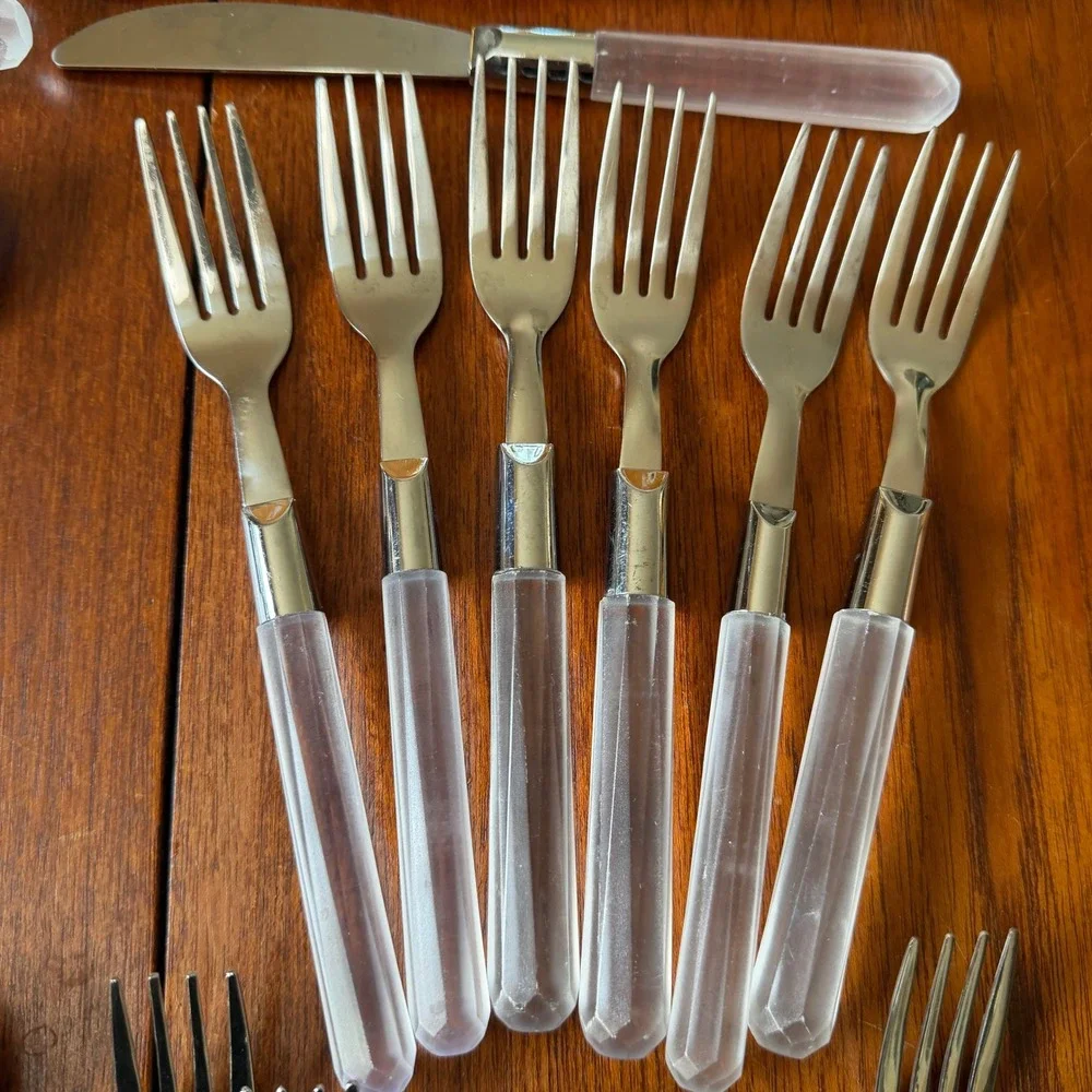 Vintage 18/10 Stainless Flatware Set 37pc Frosted Acrylic Faceted Handle MCM